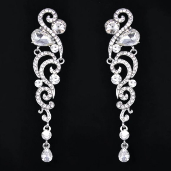 Silver Crystal Dangle Drop Earrings Statement Wedding Bridesmaids Earrings - Picture 4 of 6